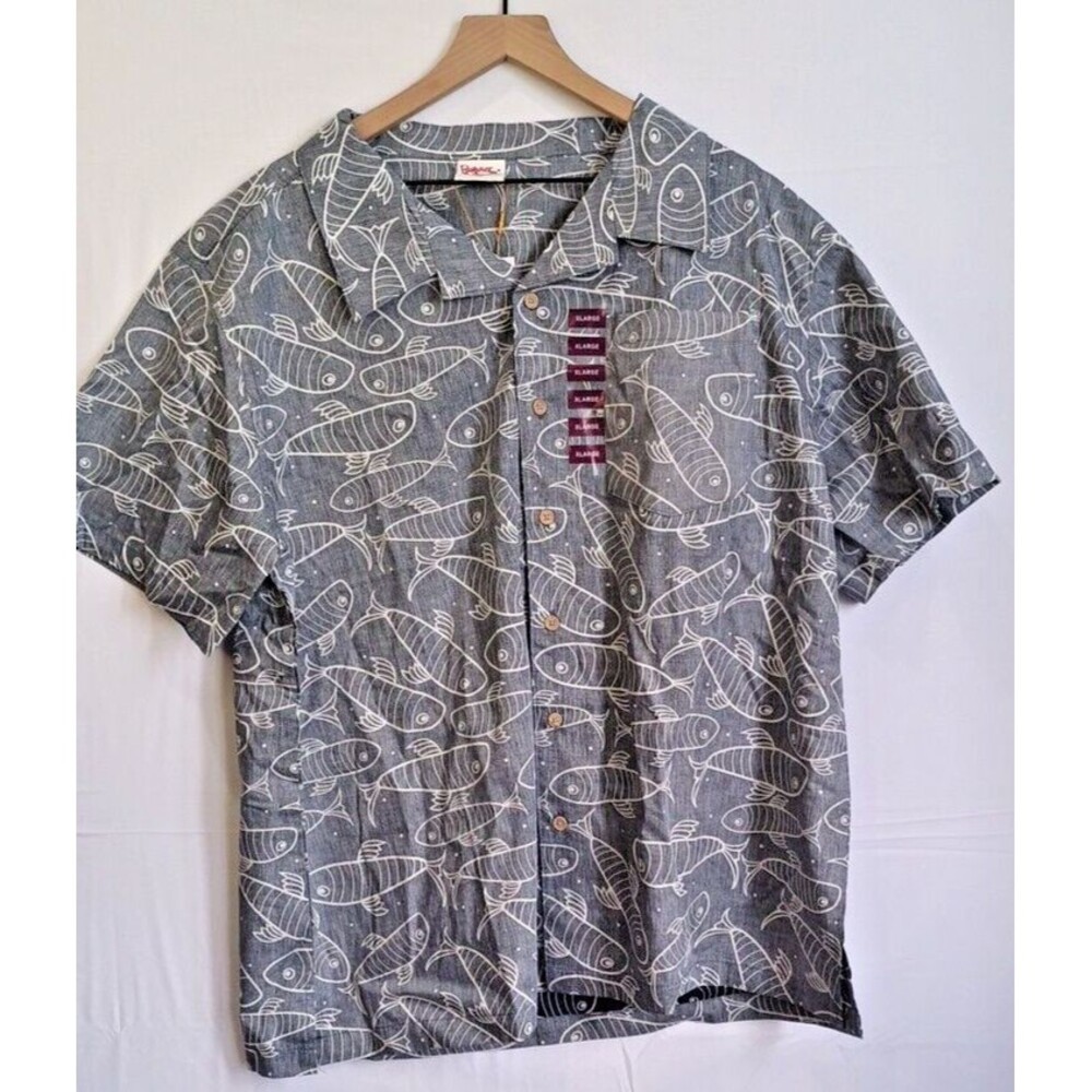 BareFoot In Paradise Hawaiian Grey Fish Short Sleeve Button Shirt Size XL NWT